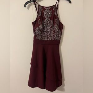 Burgundy, short prom dress with silver beading